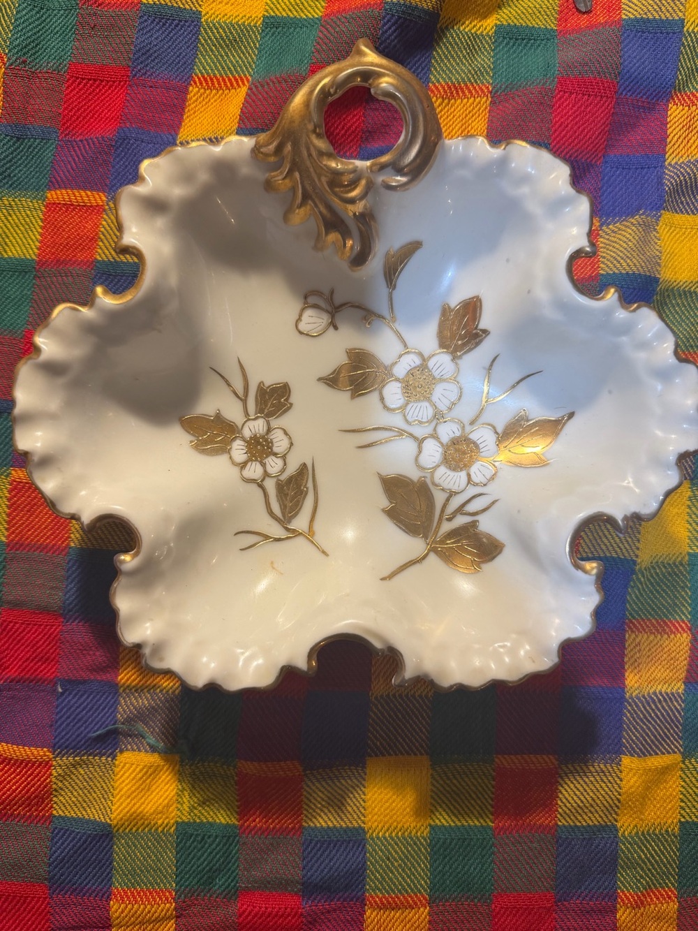 Vintage Ornate White Porcelain Dish with Gold Floral Accents